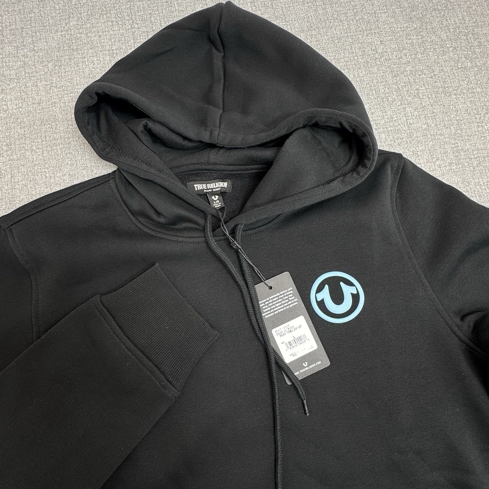 True Religion Puff TRBJ Zip Up Hoodie Black Blue‎ Logo Size Large New With Tags